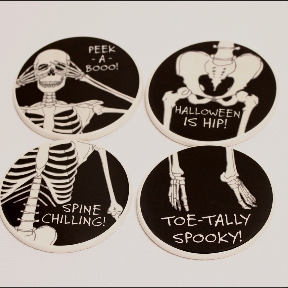 HALLOWEEN 4 BLUE HARBOR SKELETON SKULL BONES COASTERS CERAMIC BLACK ROUND